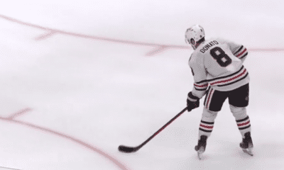 Ryan Donato #8 skates with the puck during the shootout against the Los Angeles Kings